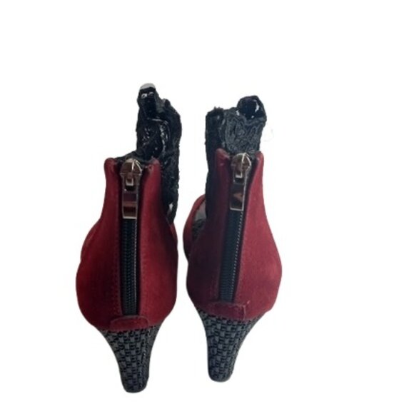 Jsaierl Womens Peep Toe Ankle Bootie Maroon Suede Black Lace 38 7.5 - Picture 8 of 9